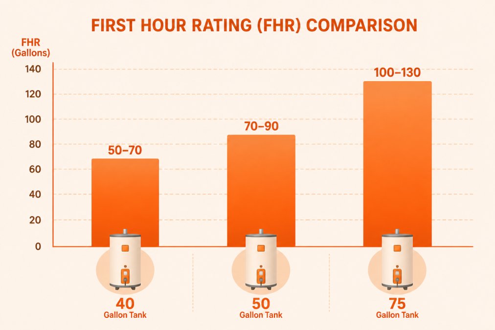 Bar chart comparing first-hour rating (FHR) values for common tank sizes: 40-gallon tank (typical 50-70 FHR), 50-gallon tank (typical 70-90 FHR), 75-gallon tank (typical 100-130 FHR)