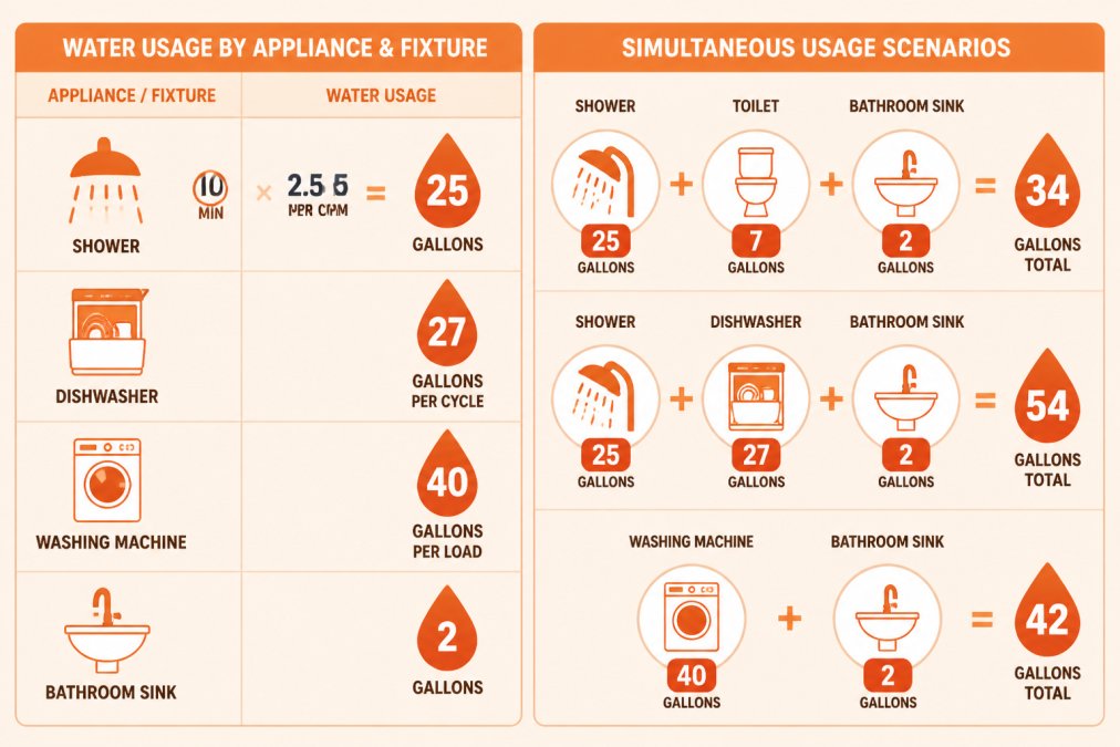 Matrix showing water usage by appliance and fixture: shower (2.5 GPM × 10 min = 25 gallons), dishwasher (27 gallons per cycle), washing machine (40 gallons per load), bathroom sink (2 gallons), with simultaneous usage scenarios