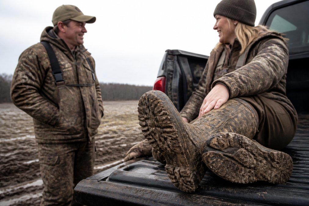 Muddy outsoles of waterproof boots with deep lugs resting on a pickup truck tailgate in a field