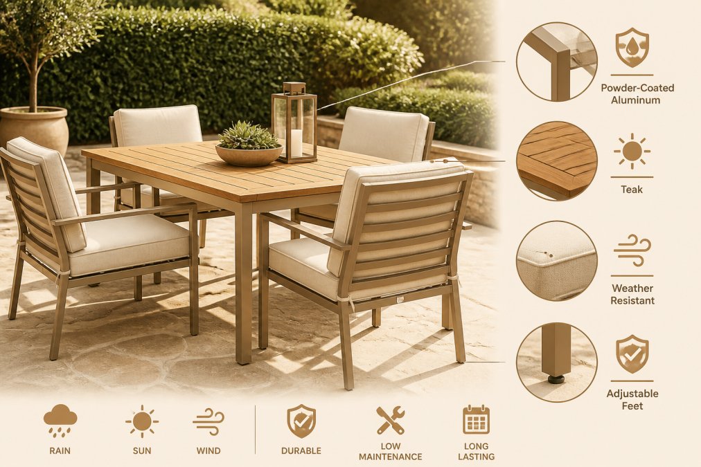 Close-up of a stylish outdoor patio set featuring powder-coated aluminum chairs and a teak table on a sunlit stone patio, with cushioned seating and lush green hedges framing the background in warm afternoon light