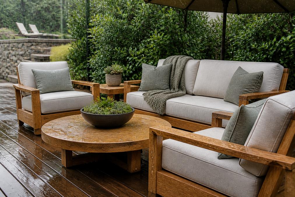 Infographic showing the impact of humidity and rain on teak furniture and fabric durability during outdoor exposure.