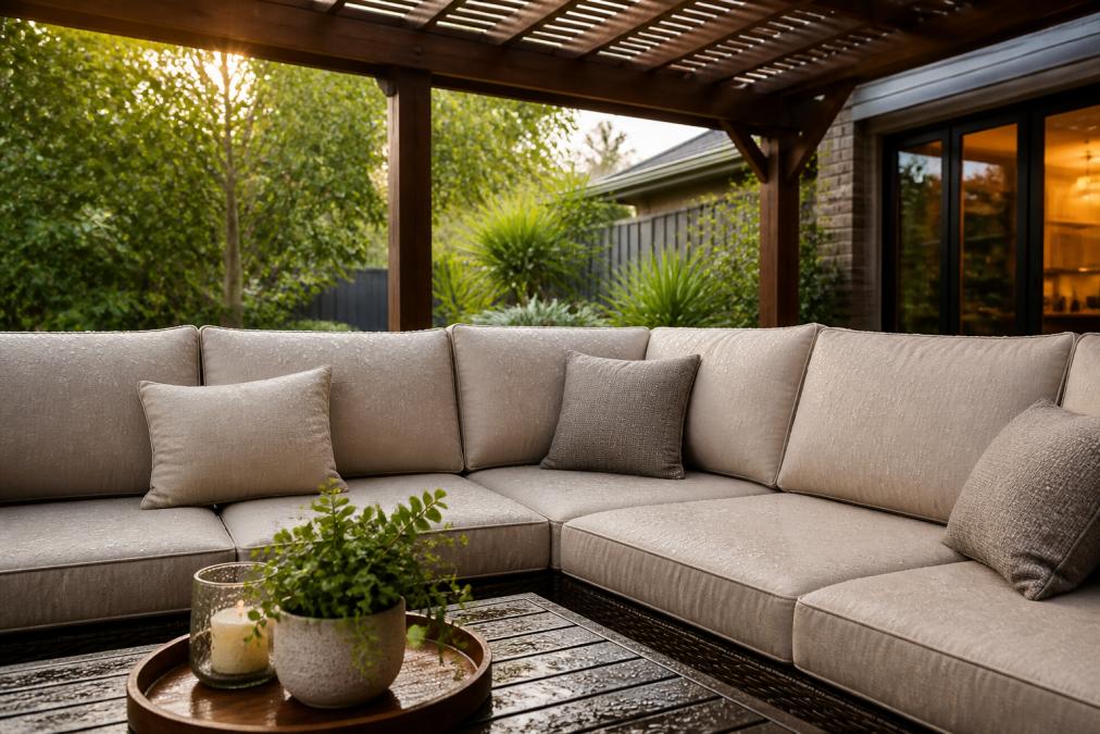 Neatly arranged outdoor sofa with beige olefin cushions on a covered patio, water beading visibly on the fabric surface after light rain, with soft afternoon light filtering through a pergola overhead