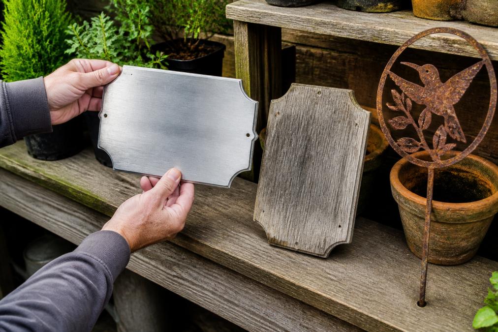 Comparison of aluminum, wood, and iron textures for outdoor garden art durability