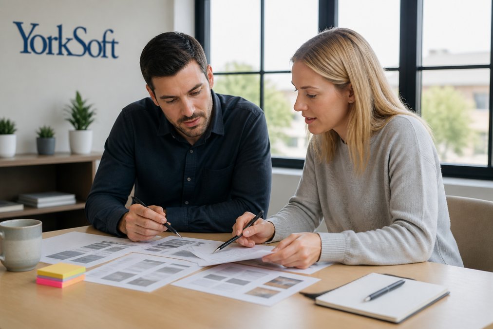 A business owner and a web designer reviewing website layouts on a laptop in a bright modern office, sticky notes and a notepad on the desk, natural window light