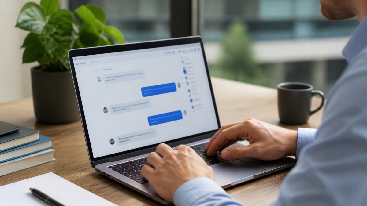Professional reviewing website chatbot features for professional firms on a laptop in a sunlit office