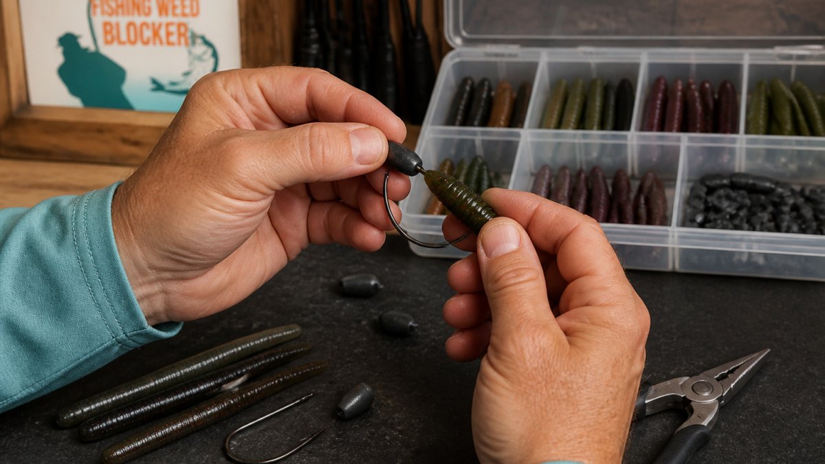 Hands rigging a soft plastic worm with a bullet weight and offset hook for a Texas rig setup