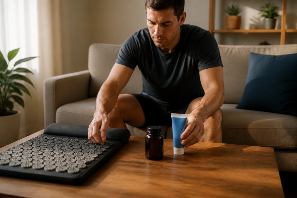 A person sitting on a living room couch, arranging a massage mat, a supplement bottle, and a cooling gel tube on a wooden coffee table in warm afternoon light