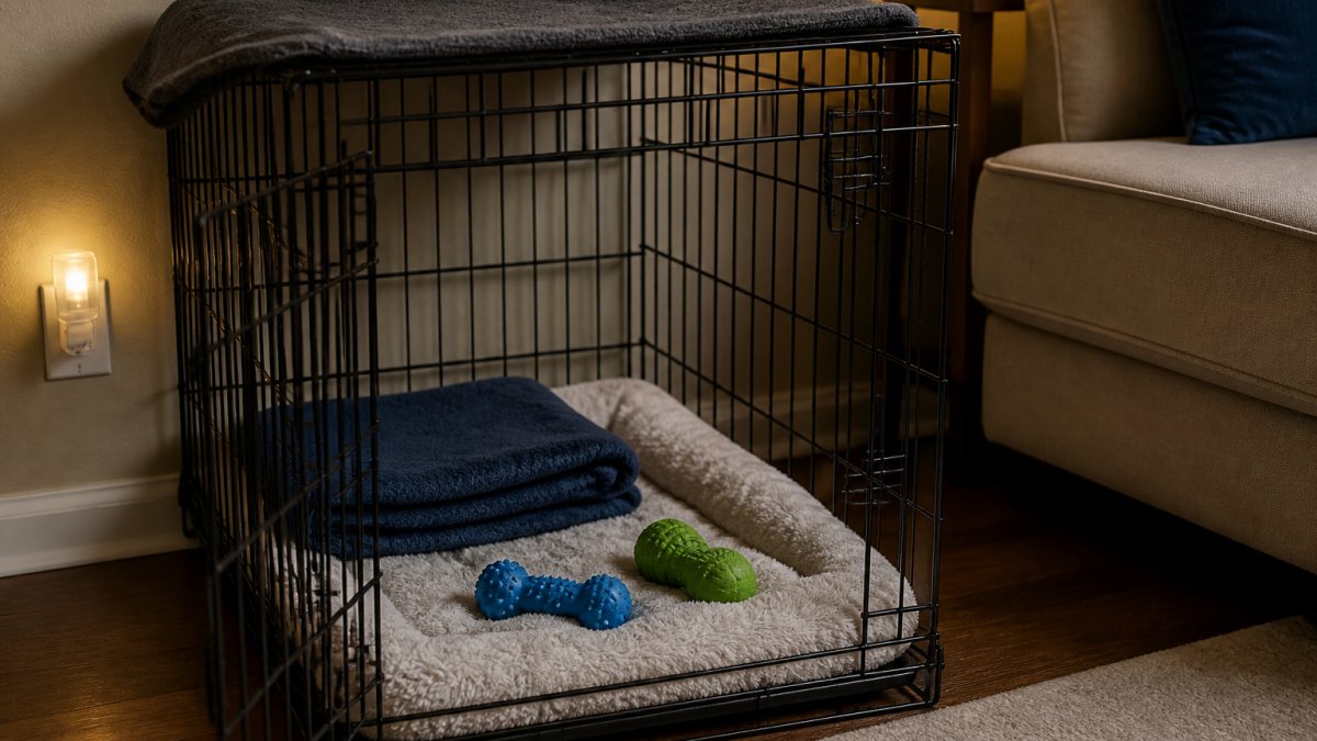 Cozy wire crate with a soft bed and chew toys, creating a quiet space for a comfortable adopted dog sleep.
