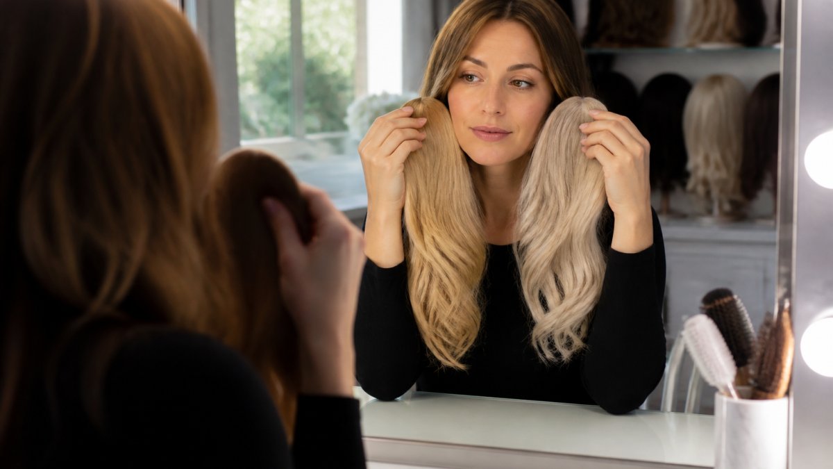 A woman sitting at a well-lit vanity mirror holding two wig swatches, one warm honey blonde and one cool ash blonde, against her face to compare which suits her skin tone