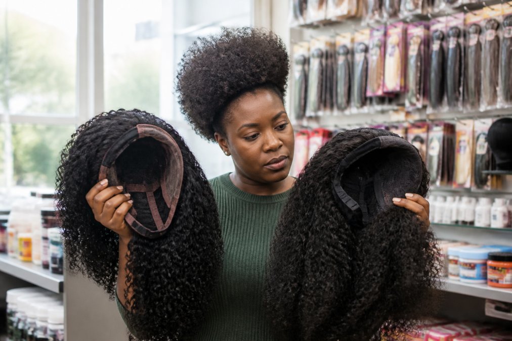 A Black woman with 4C natural hair in a beauty supply store holding two wigs side by side, examining the cap construction and texture against her own coils in natural light