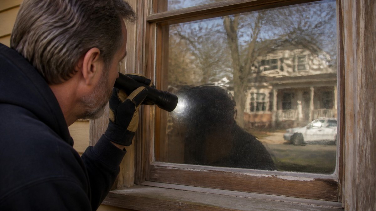 Homeowner using a flashlight to inspect the ripples in antique wavy window glass in a historic home