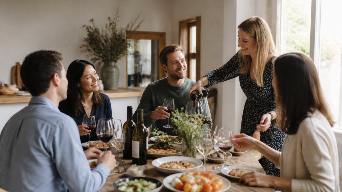 A dining table set for a dinner party with several wine glasses and plates of food, guests chatting and pouring wine in a warmly lit home
