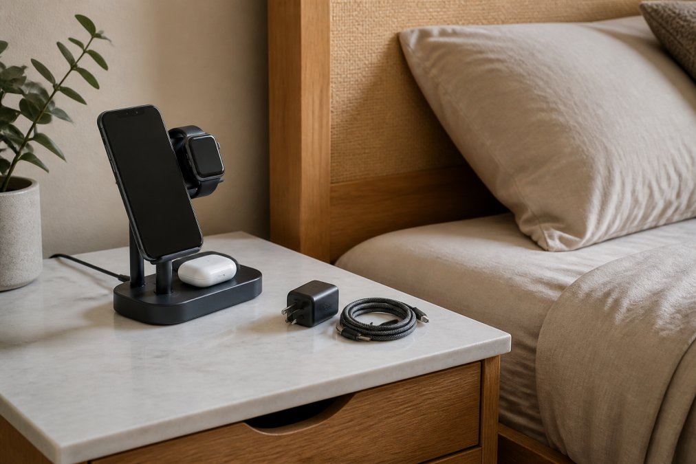 A bedside table in a small apartment holding a multi-device wireless charging stand with a phone, smartwatch, and earbuds case all charging at once, with a compact travel charger and coiled cable nearby