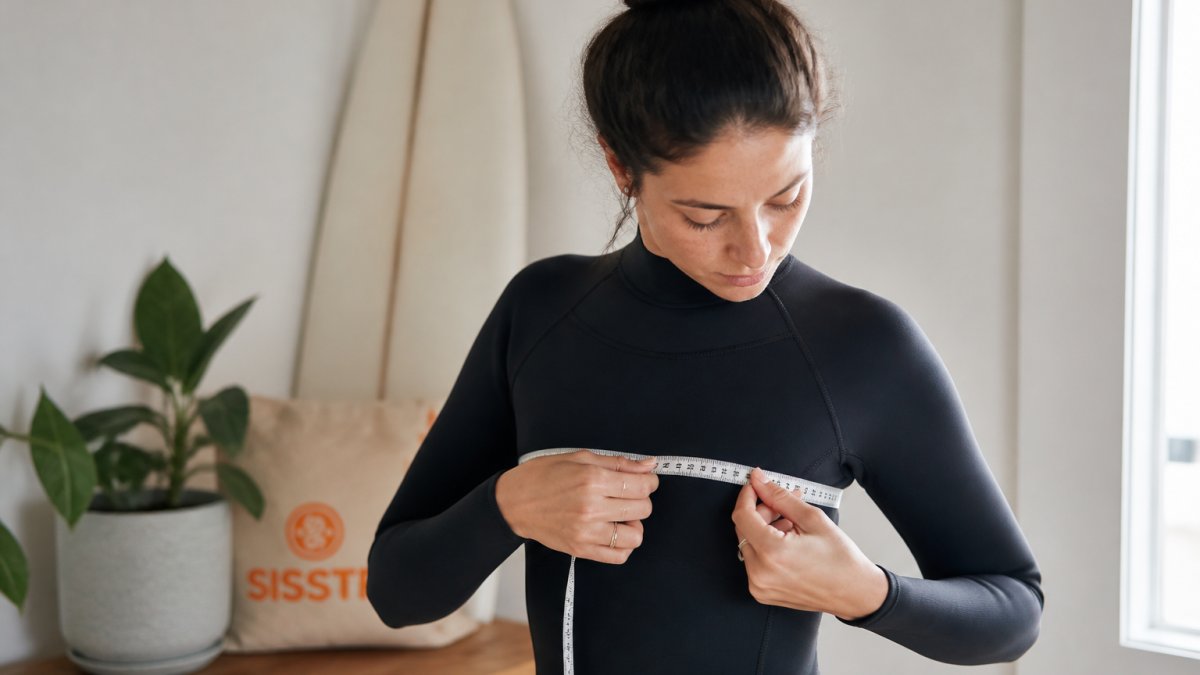 Young woman measuring her chest with a soft tape measure, standing relaxed in natural light, showing proper measurement technique