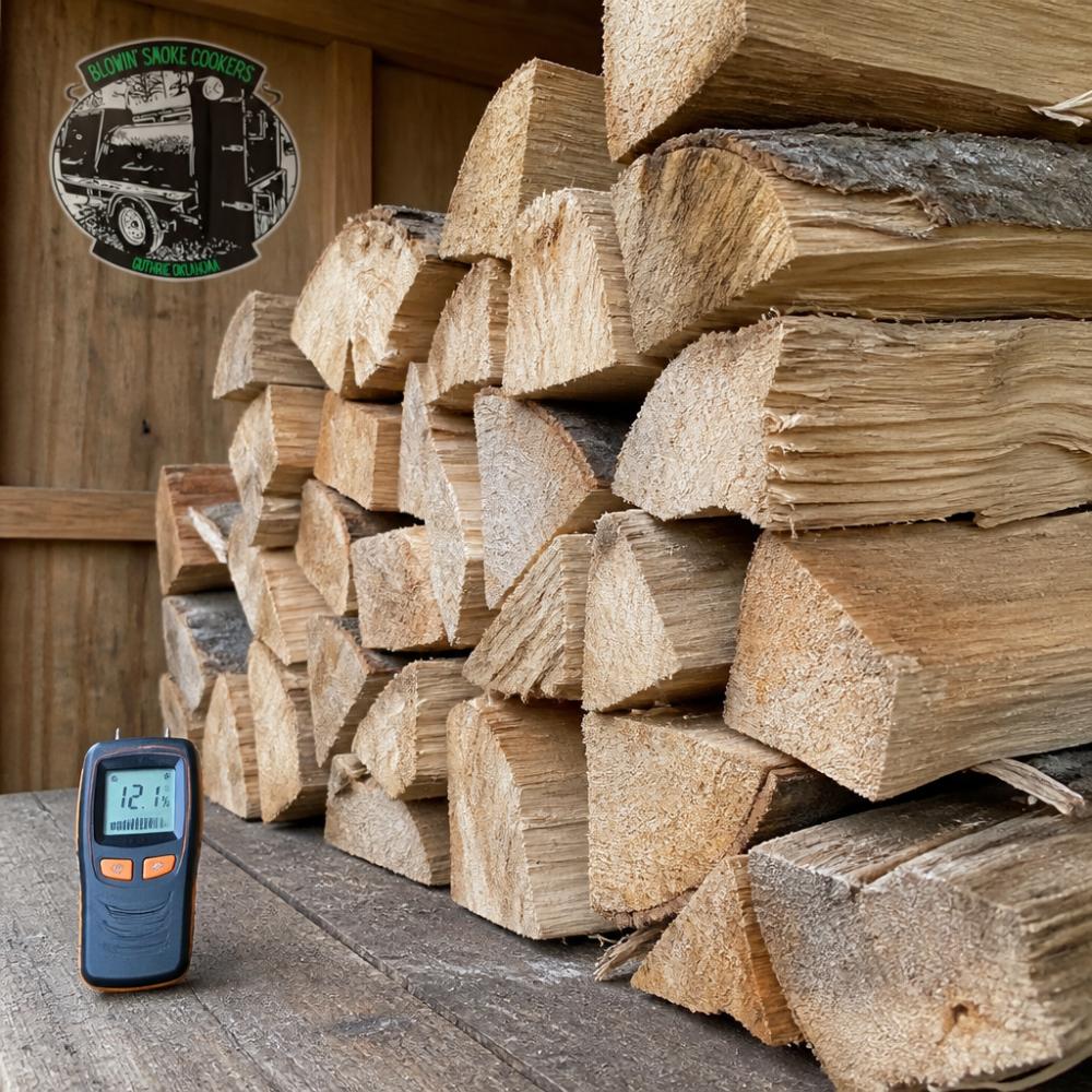 Diagram showing the moisture content levels in seasoned hardwood splits for consistent smoker heat.