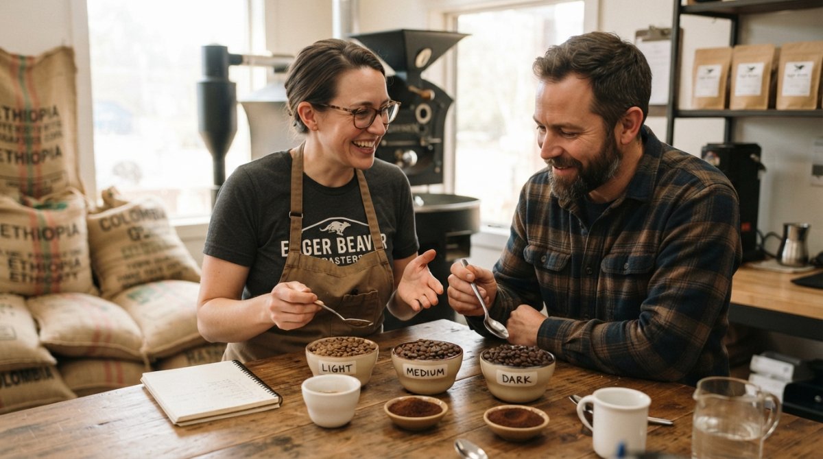 Close-up of three coffee bean samples displaying the full spectrum of roast progression, from light tan to medium brown to dark chocolate, arranged side by side on a neutral white surface with natural overhead lighting
