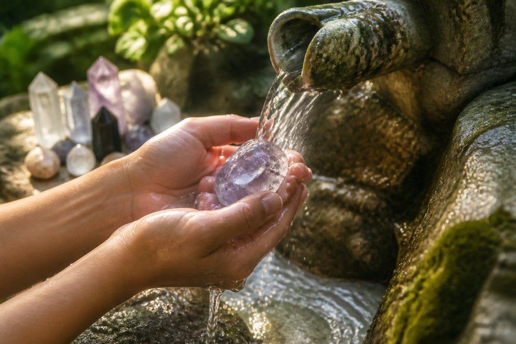 Hands gently holding a raw crystal under flowing water from a natural spring or tap, with soft moonlight or diffused sunlight filtering through in the background, creating a peaceful cleansing ritual atmosphere