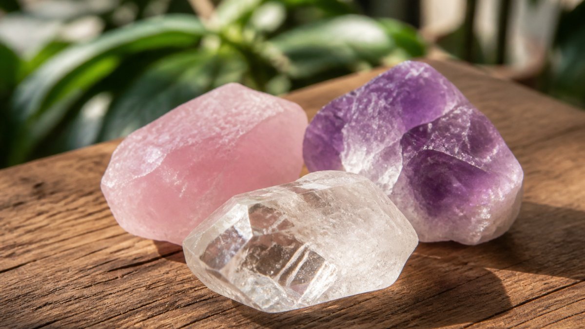 Infographic comparing the visual characteristics of clear quartz, rose quartz, and amethyst crystals