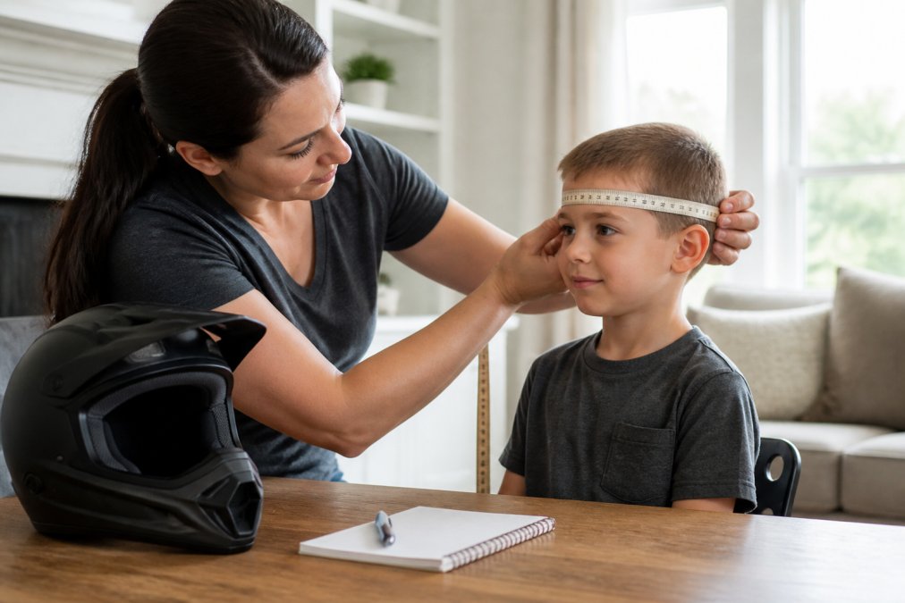 Parent using a measuring tape to determine head size for a dirt bike helmet fit