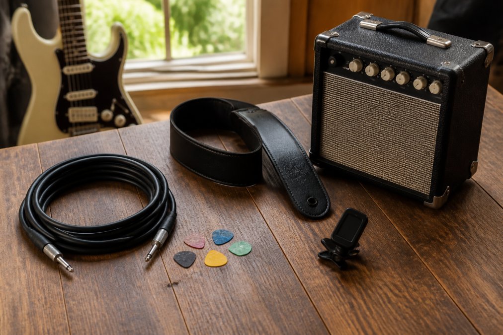 Flat-lay arrangement of beginner electric guitar accessories including coiled instrument cable, leather guitar strap, selection of coloured picks, digital tuner, and small amplifier on a wooden surface with natural window lighting