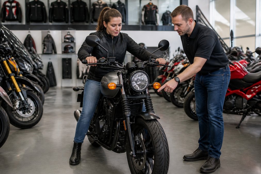 Beginner rider checking seat height on their first motorcycle at a dealership with a salesperson’s guidance.