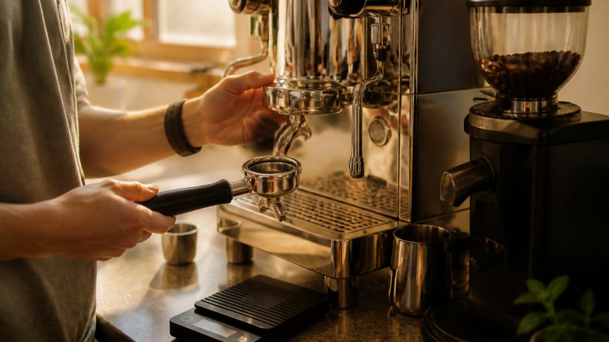 Home barista inspecting the group head of a stainless steel espresso machine with a grinder and scale nearby.