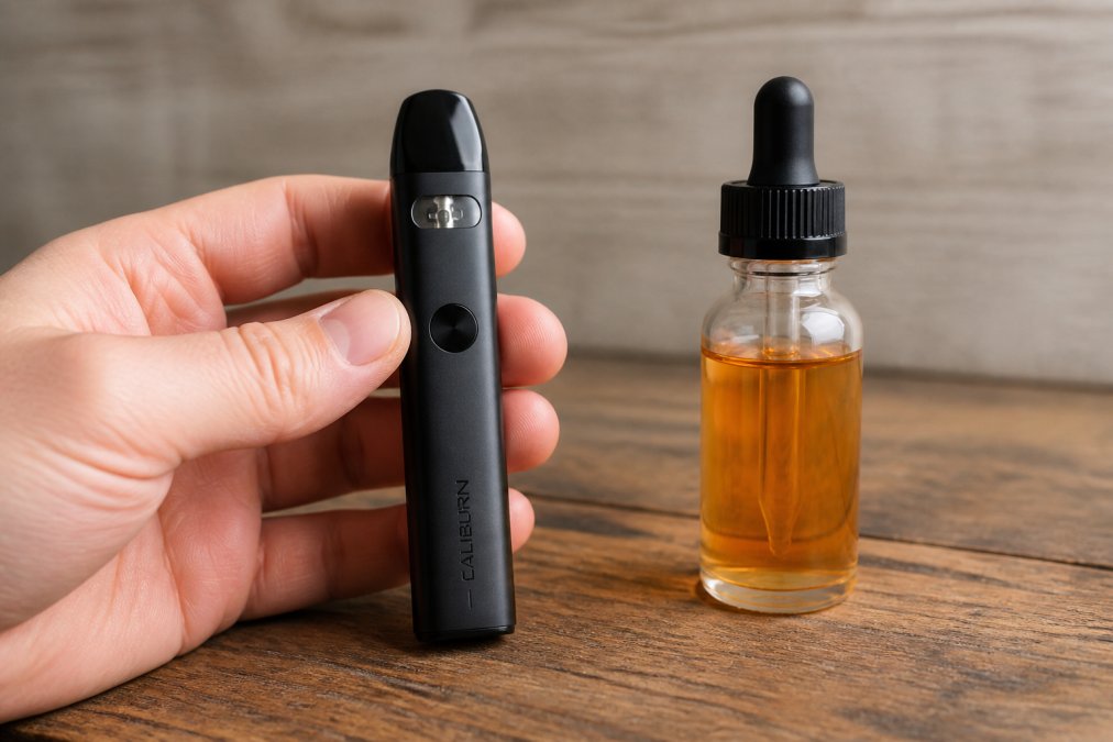 Hand holding the Caliburn UWELL A2 device showing its compact size and sleek black finish, with an e-liquid bottle positioned beside it on a wooden surface in natural lighting