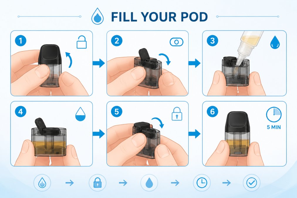 Hands demonstrating the process of filling a refillable vape pod, with the pod held open and an e-liquid bottle positioned above the fill port, showing clear step-by-step action in natural lighting