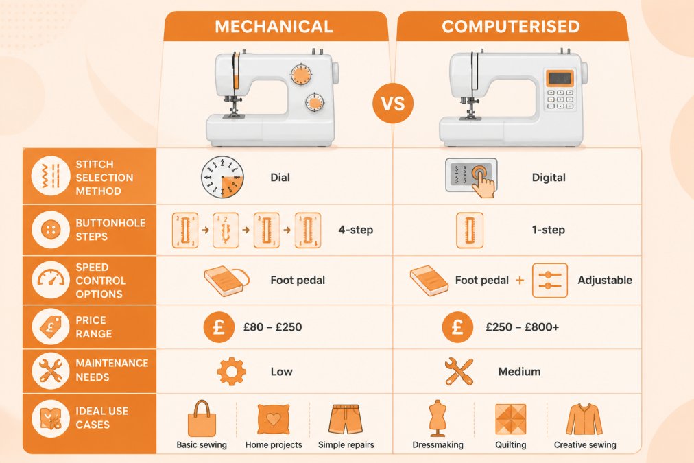 Feature comparison matrix showing mechanical vs computerised machines: stitch selection method, buttonhole steps, speed control options, price range, maintenance needs, ideal use cases