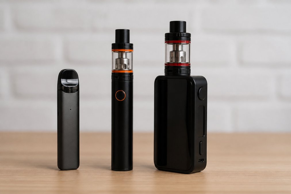 Close-up of three different vape devices (pod system, vape pen, and box mod) arranged on a clean surface, showing distinct size and design differences