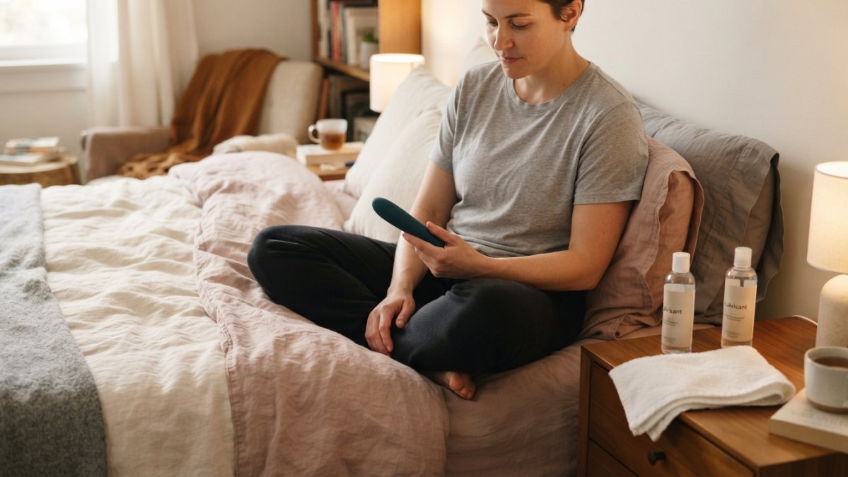 Person in a comfortable, private bedroom setting on a bed with soft lighting, relaxed posture, with a water-based lubricant bottle and towel nearby on the nightstand, showing a calm and confident environment
