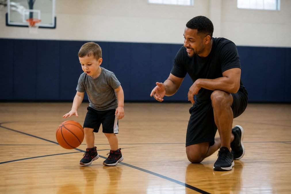 A young child around 5 years old dribbling a basketball on a clean indoor court while a coach kneels nearby offering encouragement, bright gymnasium lighting