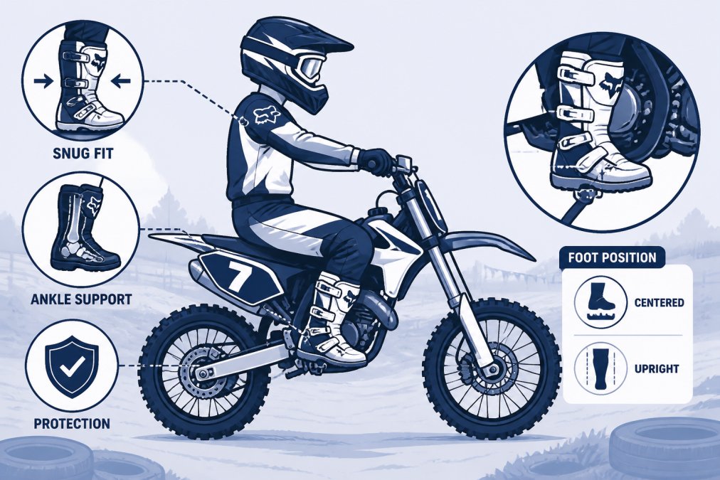 Young motocross rider sitting on dirt bike wearing properly fitted boots, feet positioned correctly on pegs, boots showing good ankle support and snug fit, outdoor dirt track setting with natural sunlight