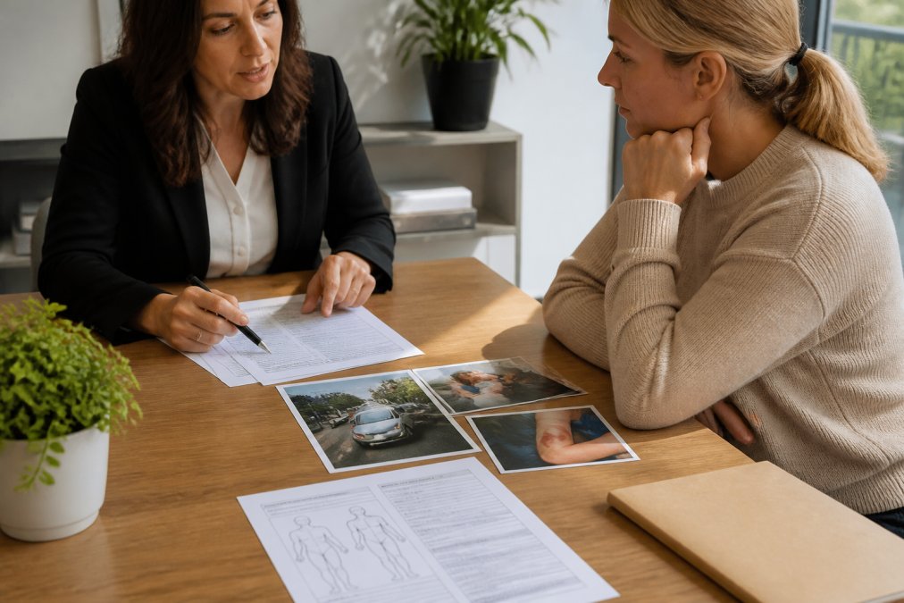 Hands holding medical documents, accident report forms, and photographs of an injury or accident scene spread across a desk with natural office lighting