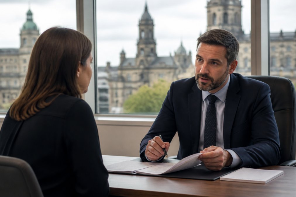 Professional solicitor reviewing personal injury claim documents with client across desk in modern Glasgow law office, discussing evidence and next steps