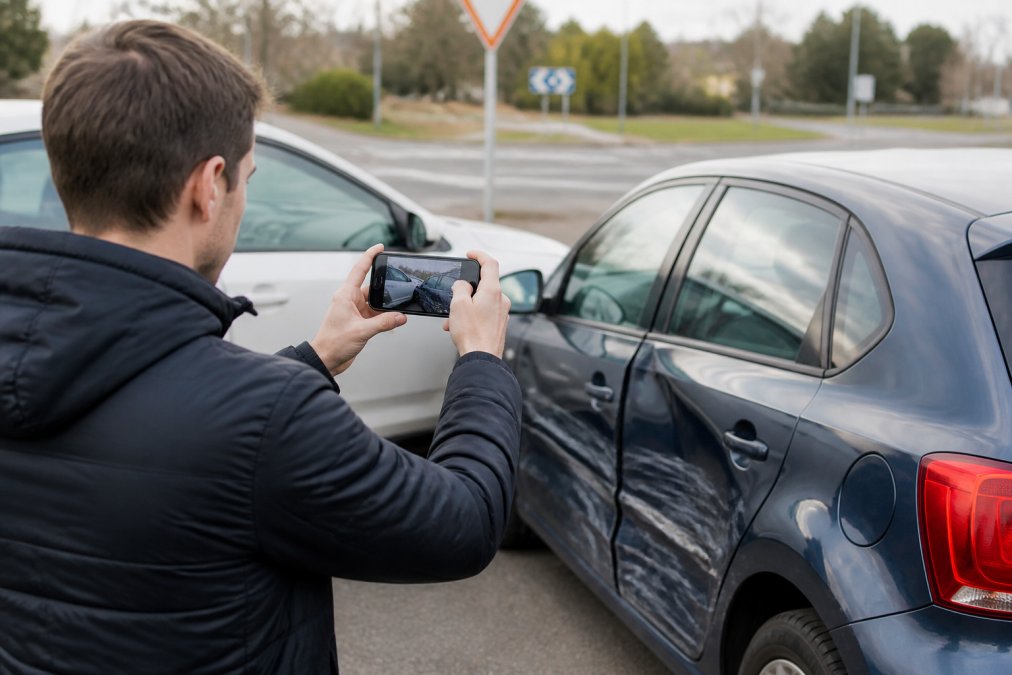 Driver standing at accident scene documenting vehicle damage with smartphone camera, with another vehicle visible in background and traffic signs in frame