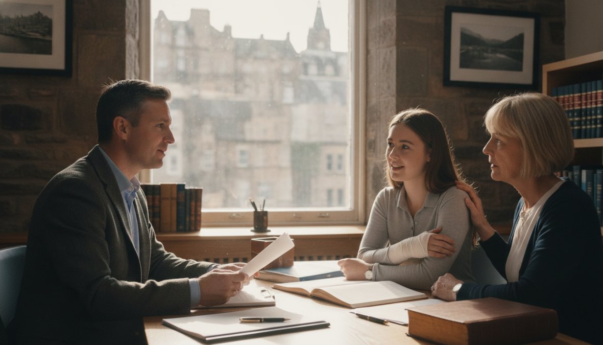 Person meeting with a professional solicitor in a Glasgow office, reviewing accident documentation and claim details across a wooden desk with natural light from windows