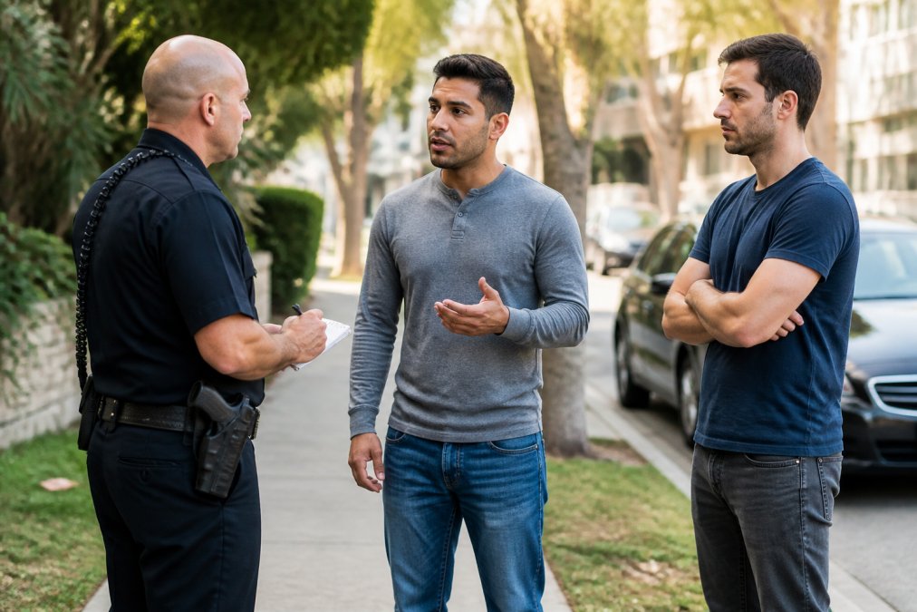 A person speaking calmly with a police officer outdoors in daylight, holding a small notebook, while another individual stands nearby with arms crossed