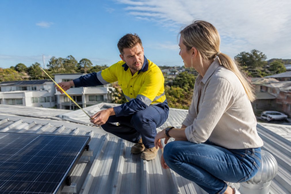 CEC-accredited solar installer in high-visibility uniform conducting a detailed rooftop site assessment with homeowner present, measuring roof angles and discussing system placement in natural daylight