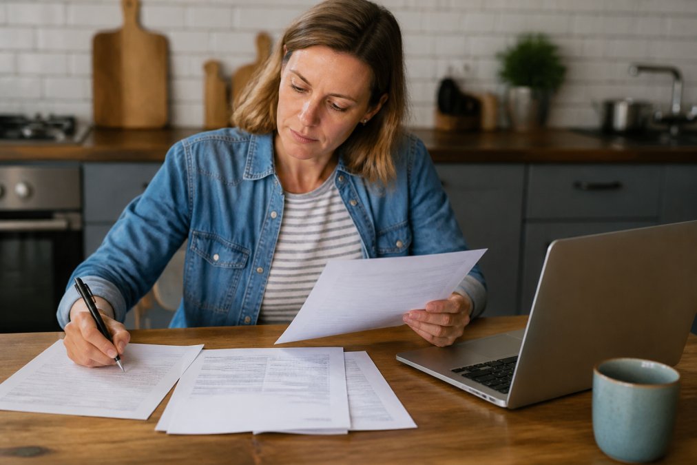 Homeowner seated at kitchen table with laptop, reviewing printed solar battery rebate application documents, proof of purchase invoice, and tax invoice while taking notes