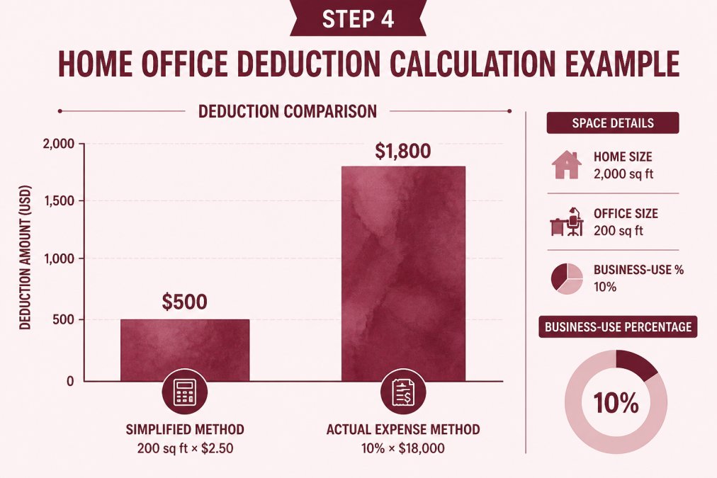 Watercolor side-by-side bar chart comparing the simplified method result and the actual expense method result for a 200-square-foot office in a 2,000-square-foot home, showing the 10% business-use percentage