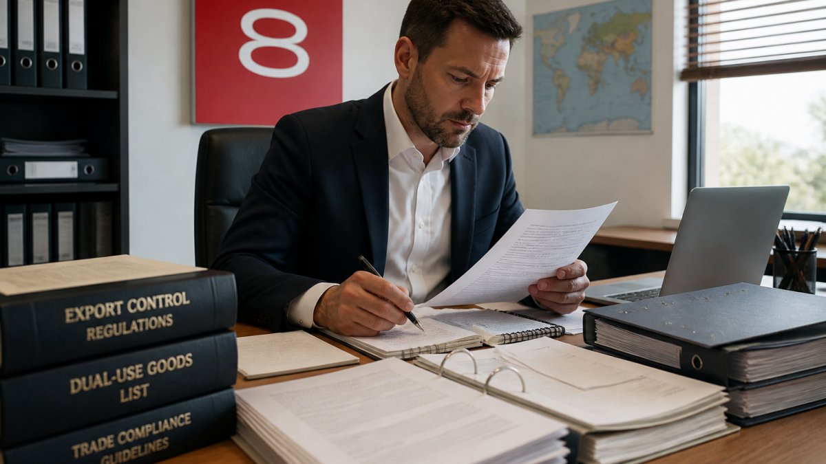 Compliance officer reviewing export control classification documents and technical specifications at a desk with multiple files, regulatory reference materials, and a computer displaying export control software