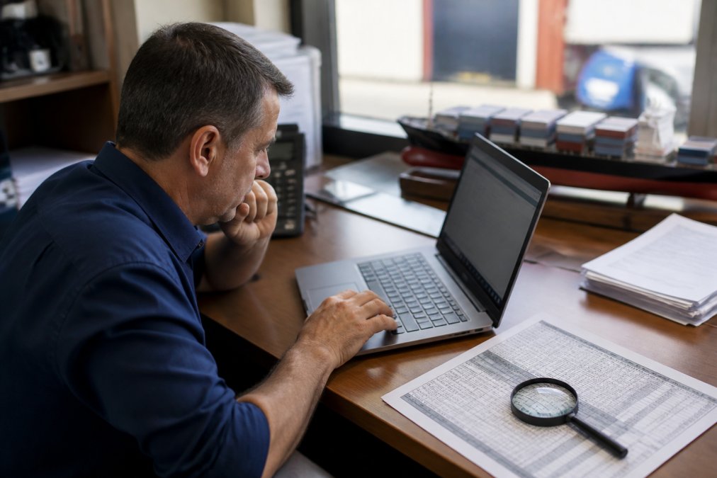 Customs broker reviewing product specifications to classify goods using a tariff schedule and laptop