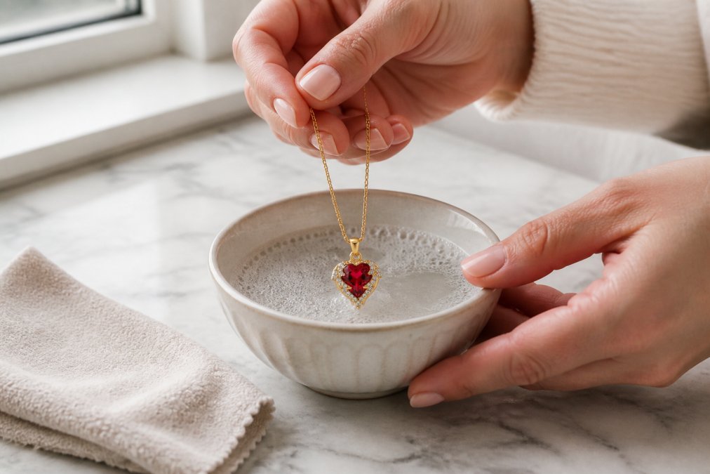 Close-up of hands gently lowering a delicate gold-plated necklace into a small ceramic bowl of warm soapy water, with a soft microfiber cloth draped nearby on a marble countertop, natural window light illuminating the scene