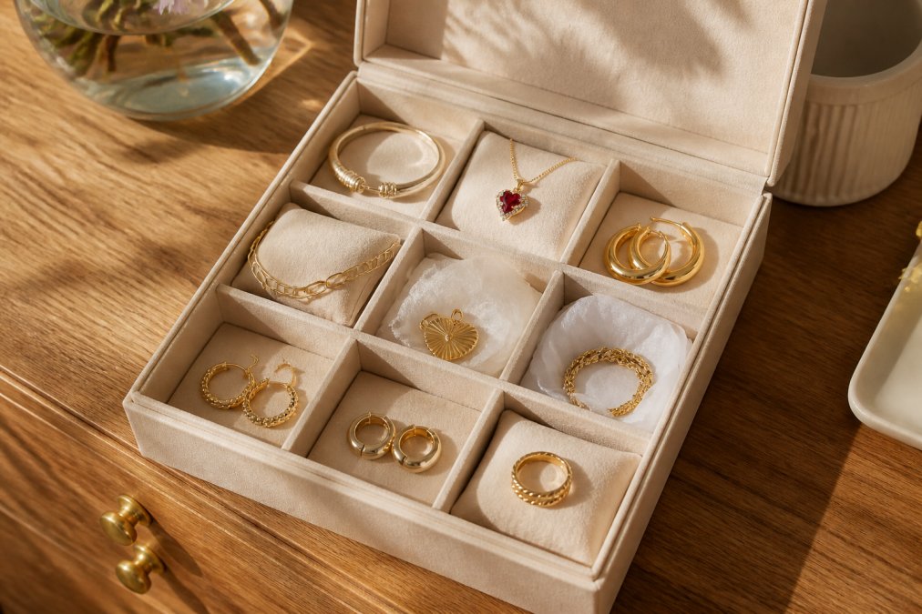 A collection of gold-plated jewelry pieces neatly arranged in separate compartments of a fabric-lined jewelry box, with soft tissue paper separating delicate items, displayed on a wooden dresser with warm natural lighting