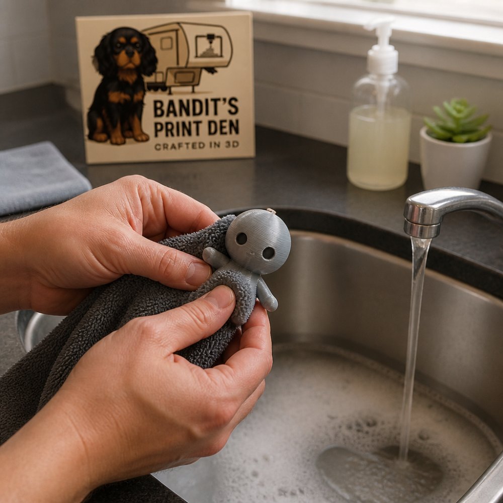 Close-up of hands gently cleaning a small 3D printed desk buddy with a soft microfiber cloth and warm soapy water in a kitchen sink