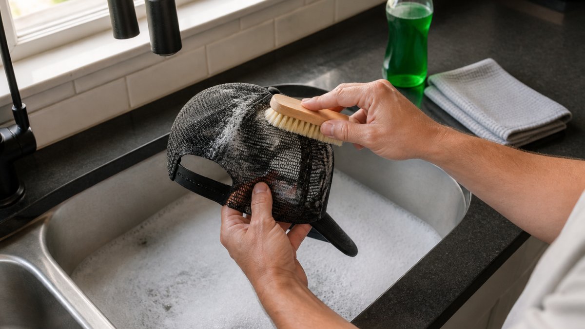 Close-up of hands gently scrubbing the mesh back panel of a trucker hat with a soft bristle brush over a sink filled with soapy water, with a bottle of dish soap and a folded towel on the counter nearby