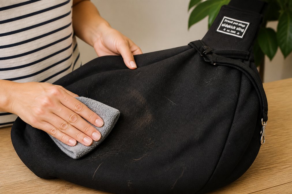Close-up of hands using a damp microfiber cloth to spot clean a crossbody pet sling bag, with pet hair and light staining visible on the tan fabric, working in circular motions over the affected area