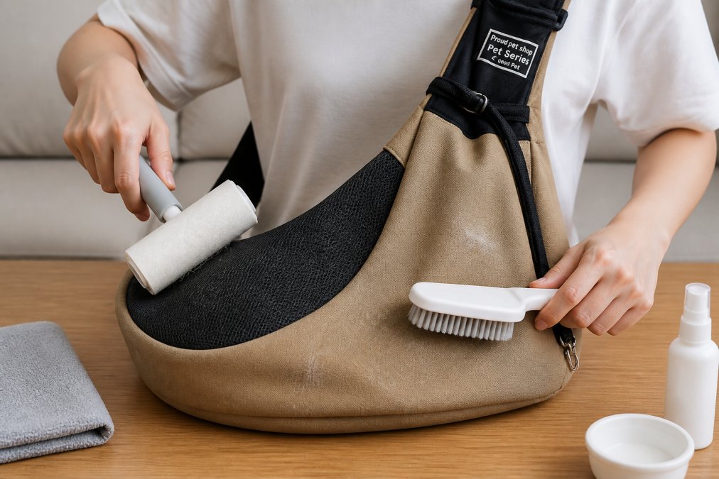 Pet owner using a lint roller and pet hair removal brush on a crossbody pet sling bag, focusing on the mesh ventilation areas and seams, with visible pet dander and light-colored fur being removed from the tan fabric