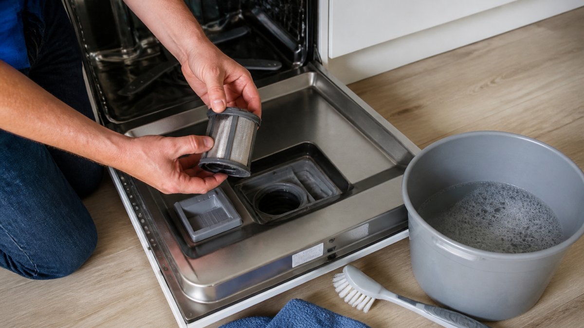 Close-up of hands removing a cylindrical dishwasher filter from the bottom of an open dishwasher, with a bucket of soapy water and a soft brush nearby on a kitchen floor